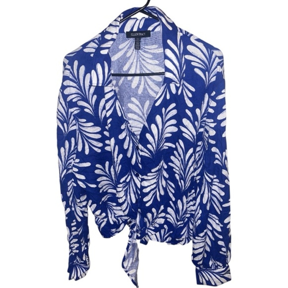 2/$20 🩷 Ellen Tracy Women’s Collared Leaf Print Buttoned Tie Blouse SIZE XL BLUE